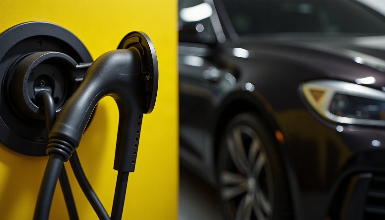 A coiled electric car charging cable hanging from a wall hook, shot in black and yellow.