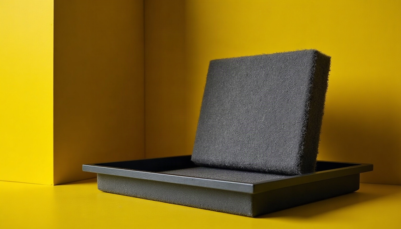 A furnace air filter standing on edge next to a toolbox lid in stark black and yellow.