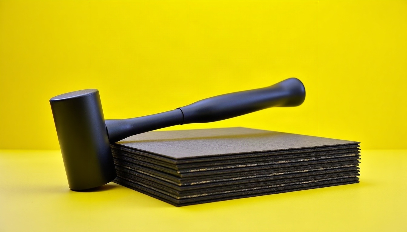 Black and yellow photograph of a rubber mallet resting on a stack of laminate flooring planks.