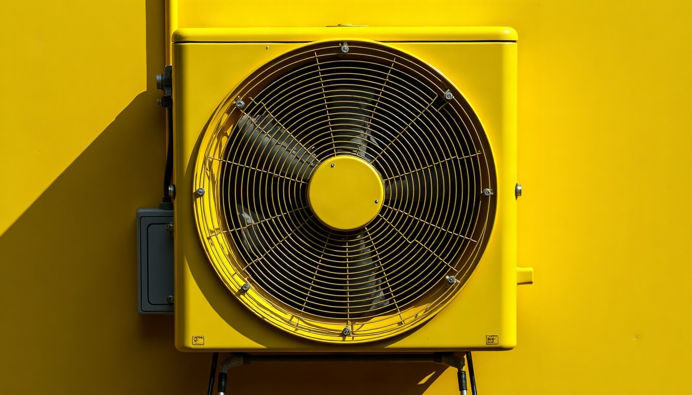The fan grille of an outdoor air conditioner seen from above, shot in black and yellow.