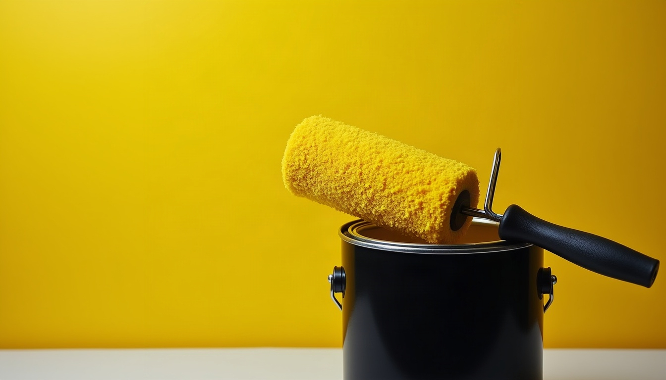 A paint roller resting across the rim of an open paint can in stark black and yellow.