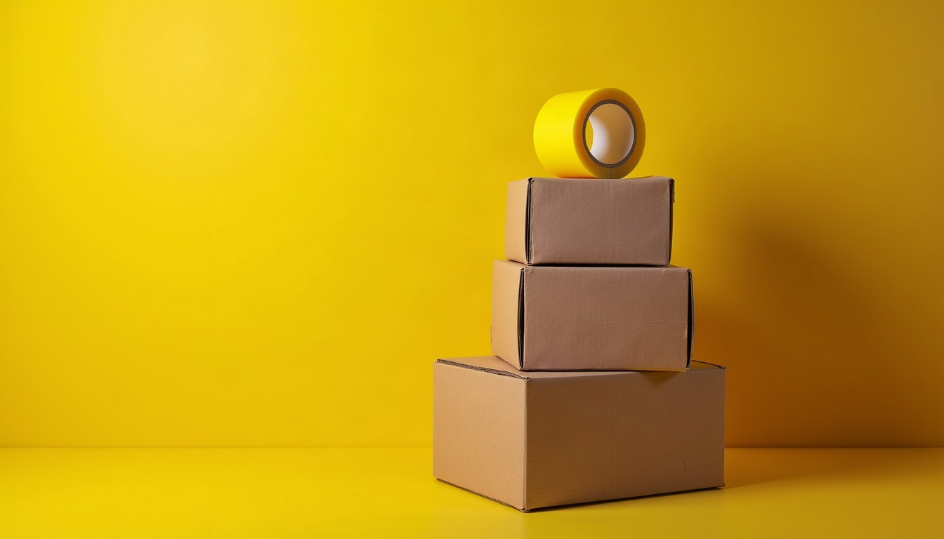 A stack of plain cardboard shipping cartons with a roll of packing tape, shot in stark black and yellow.