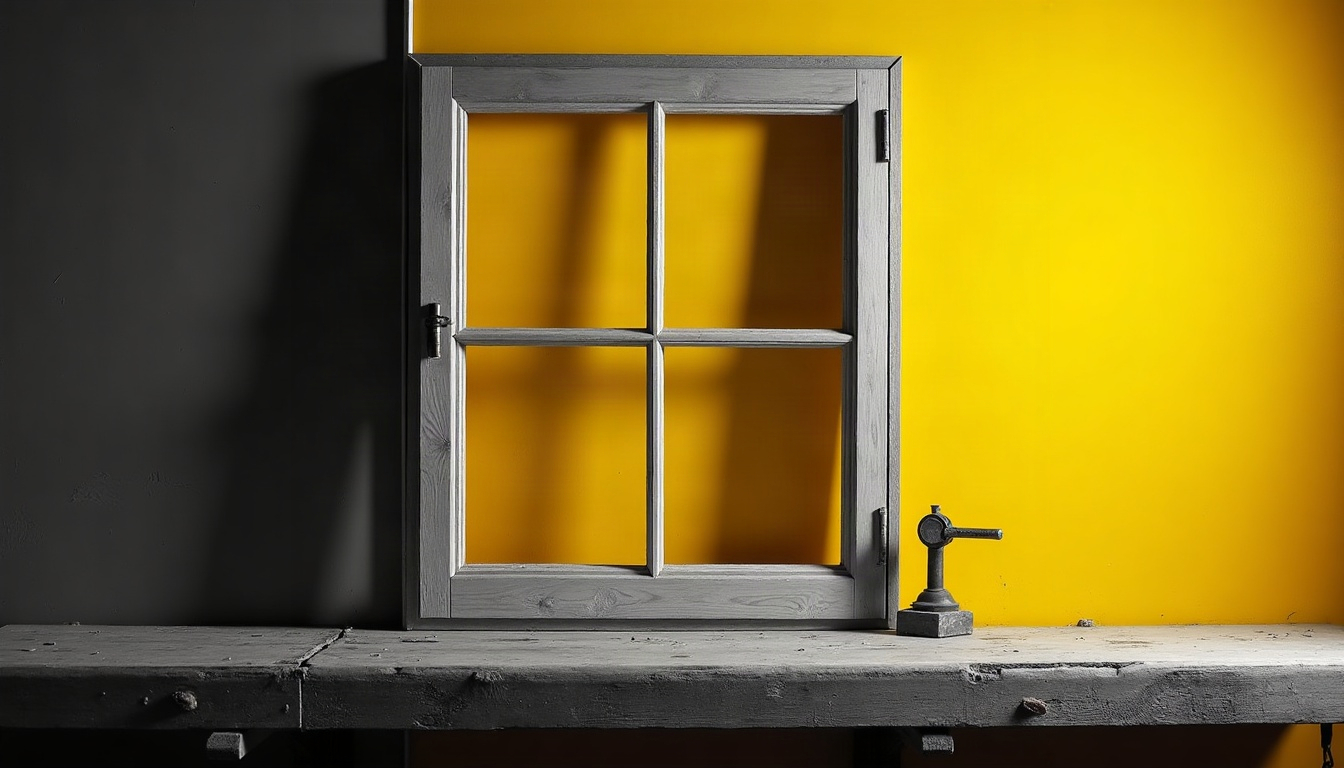 A wooden window sash resting on a workbench beside a clamp, shot in black and yellow.